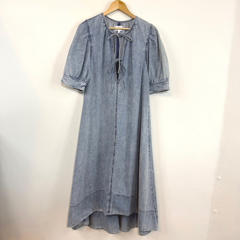 FRAME Denim Maxi Dress S Tie Front Puff Sleeve Western Prairie Cottagecore